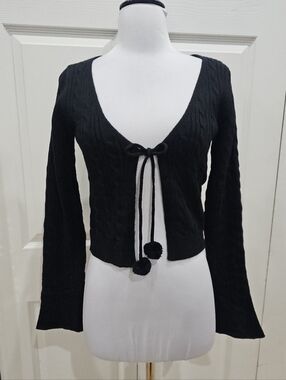 Dolls Kill Sugar Thrillz Sweater Weather Black Pom Pom Cable Knit Cardigan Top S